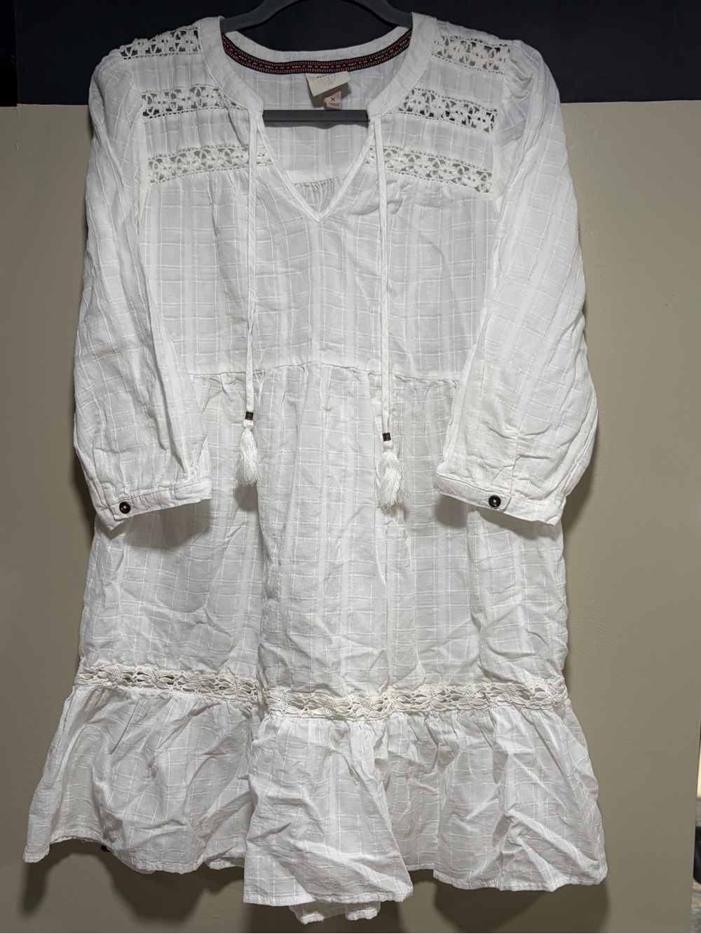 Knox Rose White Boho Lace Tiered Peasant Dress Tunic Size M